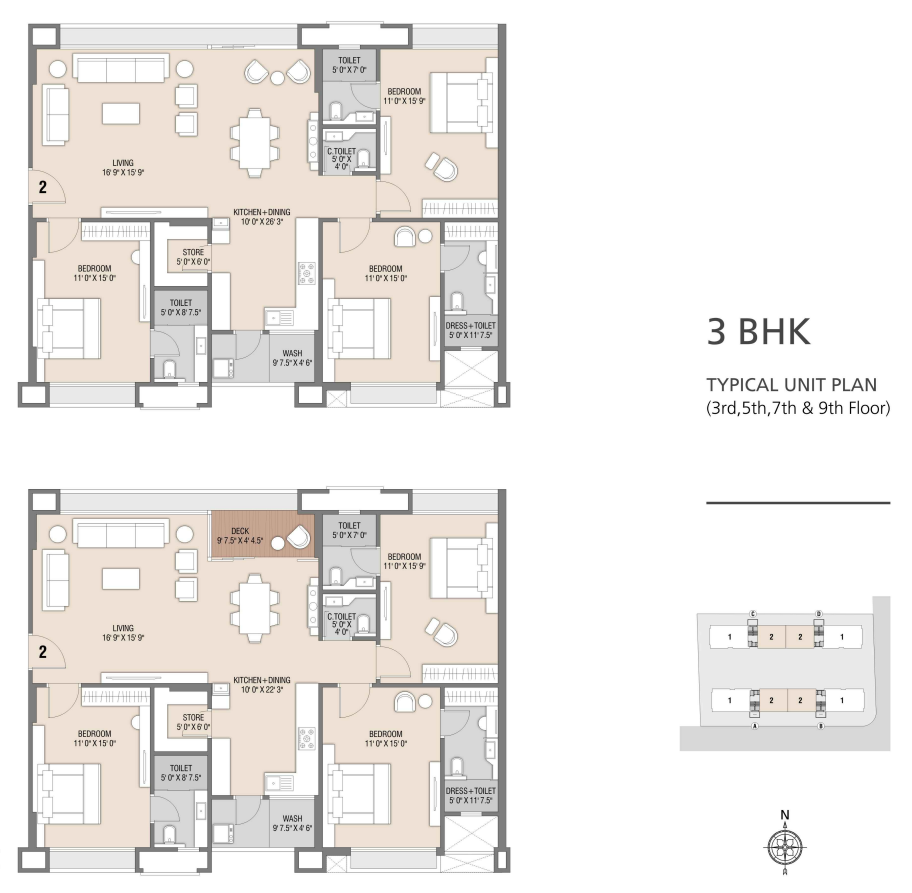 3rd, 5th, 7th & 9th Floor 3BHK Plan