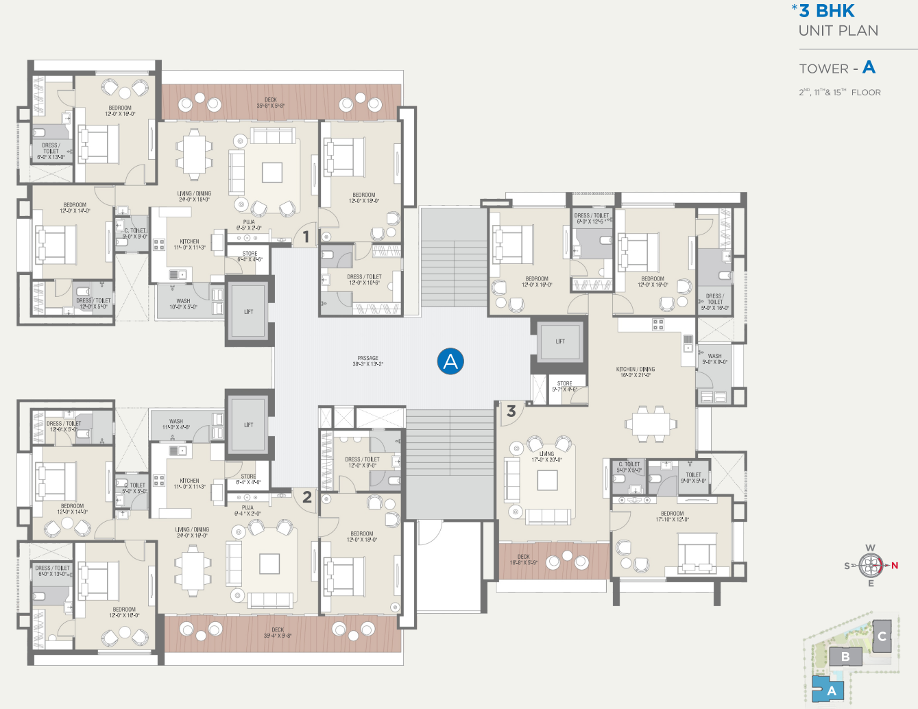 3 BHK TOWER A UNIT PLAN