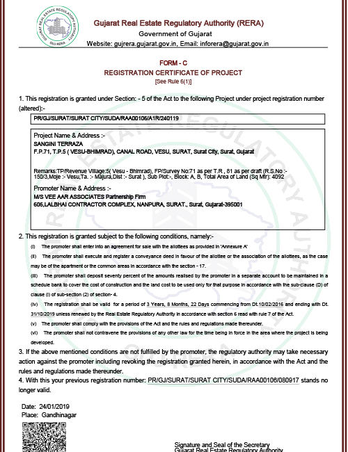 Sangini Terraza Registration Certificate of Rera